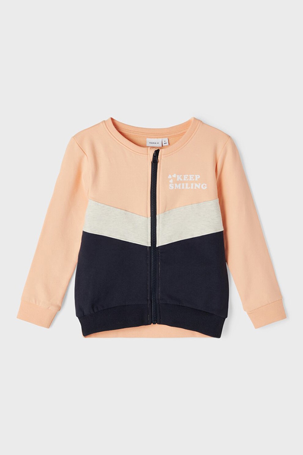 NAME IT, Bluza sport din amestec de bumbac organic cu imprimeu text si fermoar, Roz piersica/Alb/Bleumarin