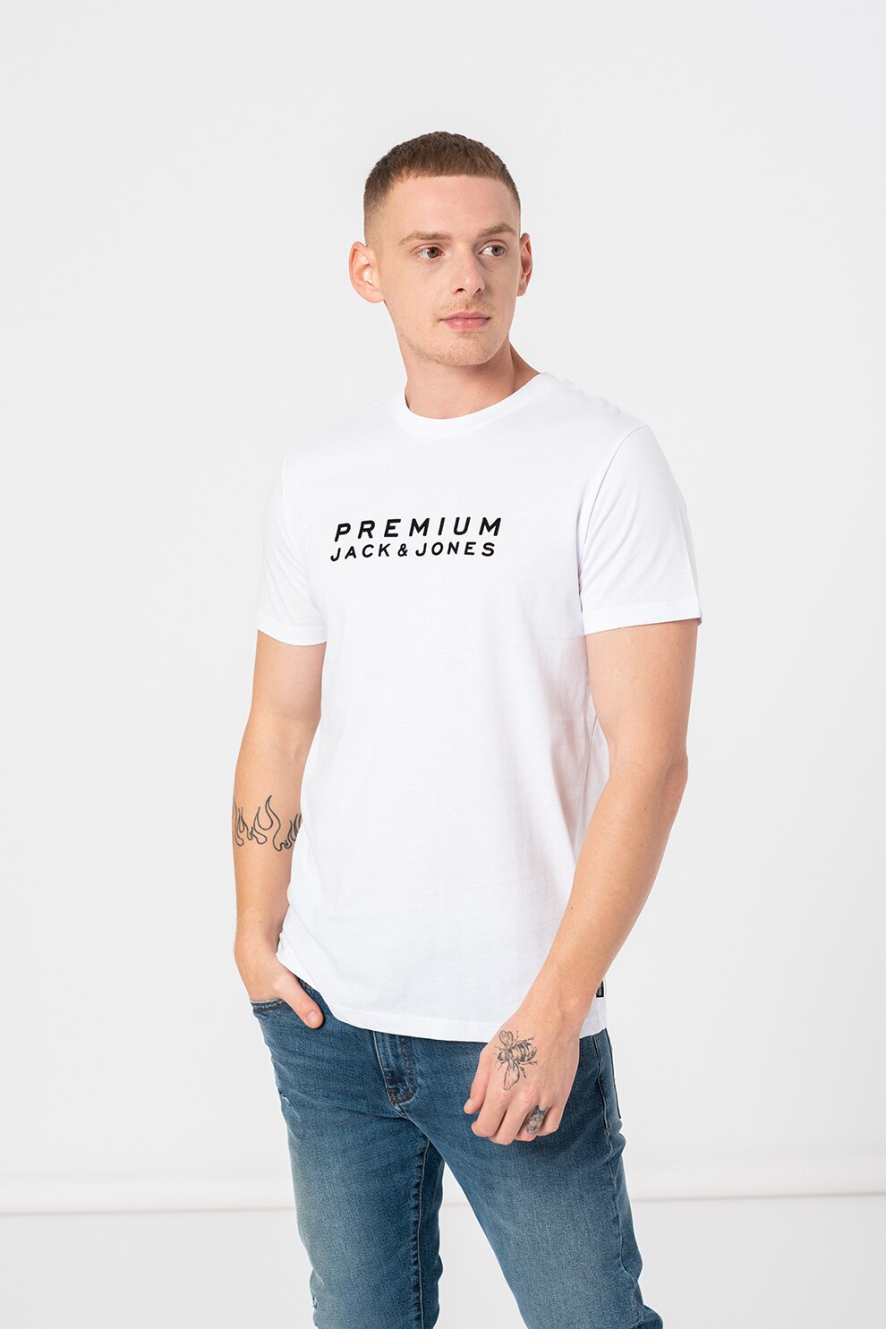 Jack&Jones, Tricou de bumbac cu decolteu la baza gatului Blalogo, Alb/Negru