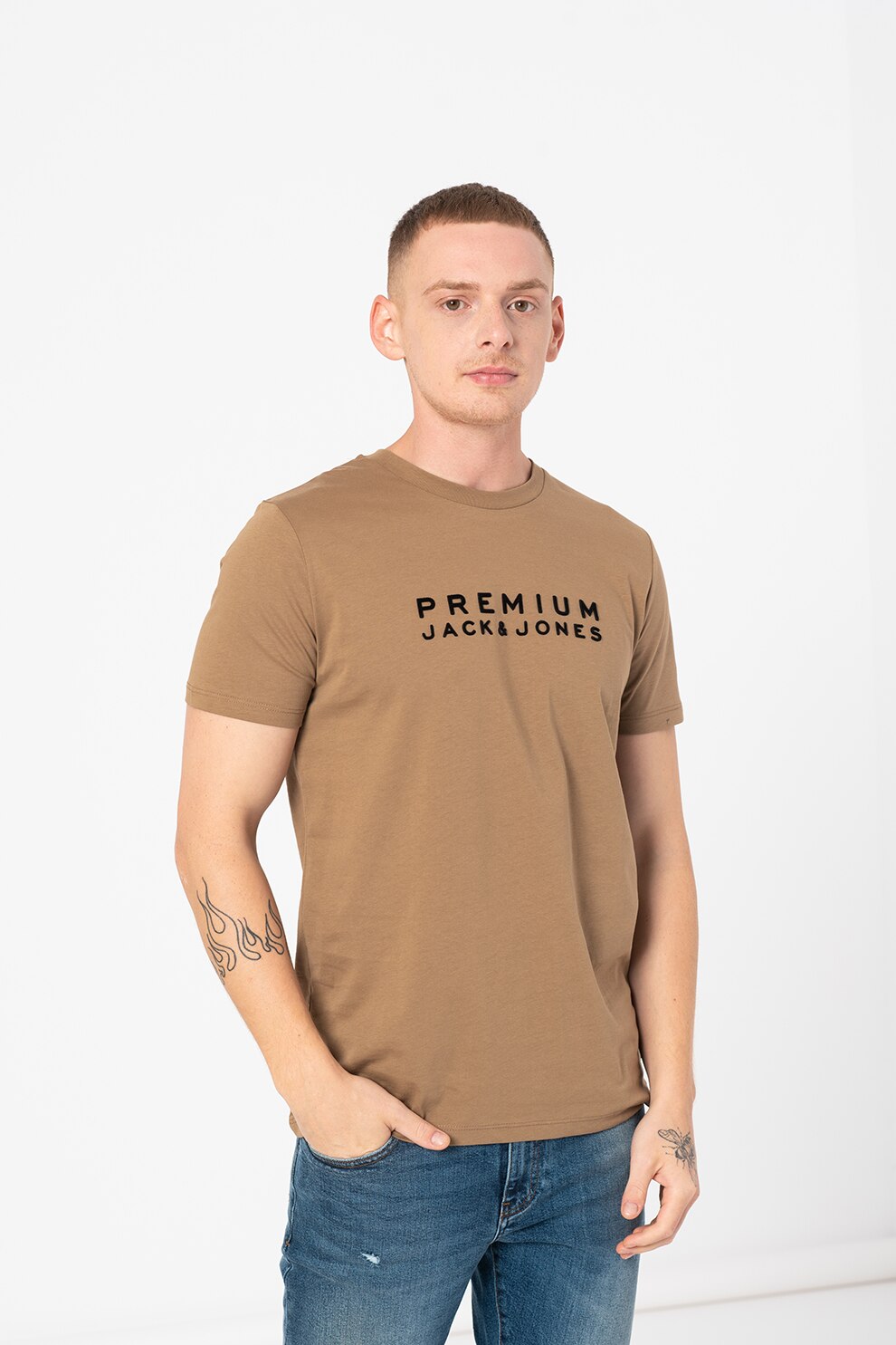 Jack&Jones, Tricou de bumbac cu decolteu la baza gatului Blalogo, Kaki