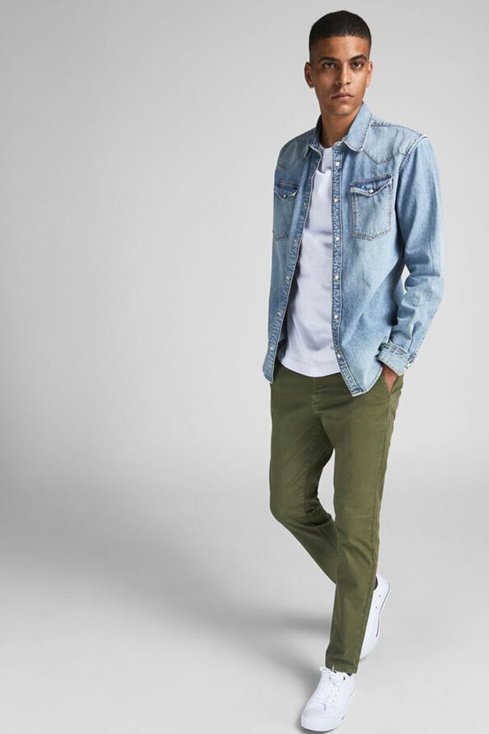 Jack&Jones, Pantaloni chino slim fit cu croiala conica Marco, Verde militar