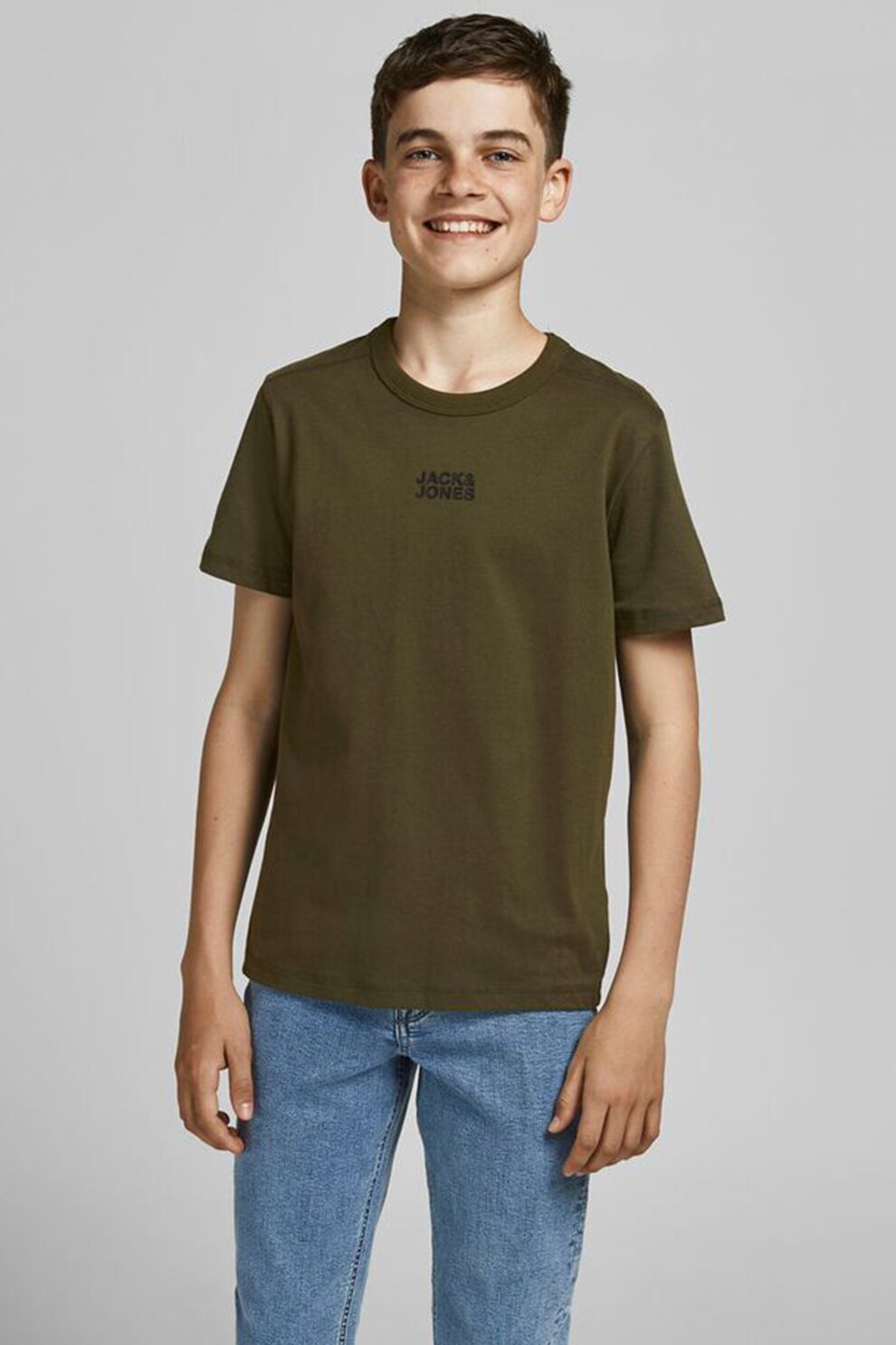 Jack&Jones, Tricou de jerseu cu decolteu la baza gatului si logo mic cauciucat, Verde forest