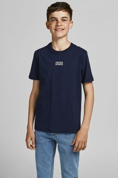 Jack&Jones, Tricou de jerseu cu decolteu la baza gatului si logo mic cauciucat, Bleumarin Jack&Jones, Tricou de jerseu cu decolteu la baza gatului si logo mic cauciucat, Bleumarin