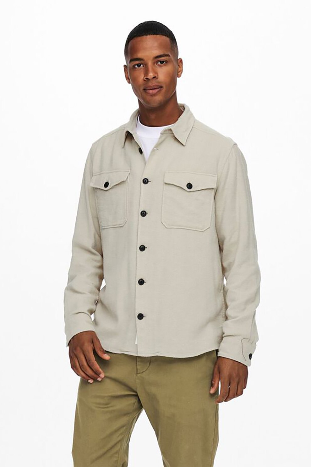 Only & Sons, Camasa de bumbac cu buzunare cu clapa, Gri deschis