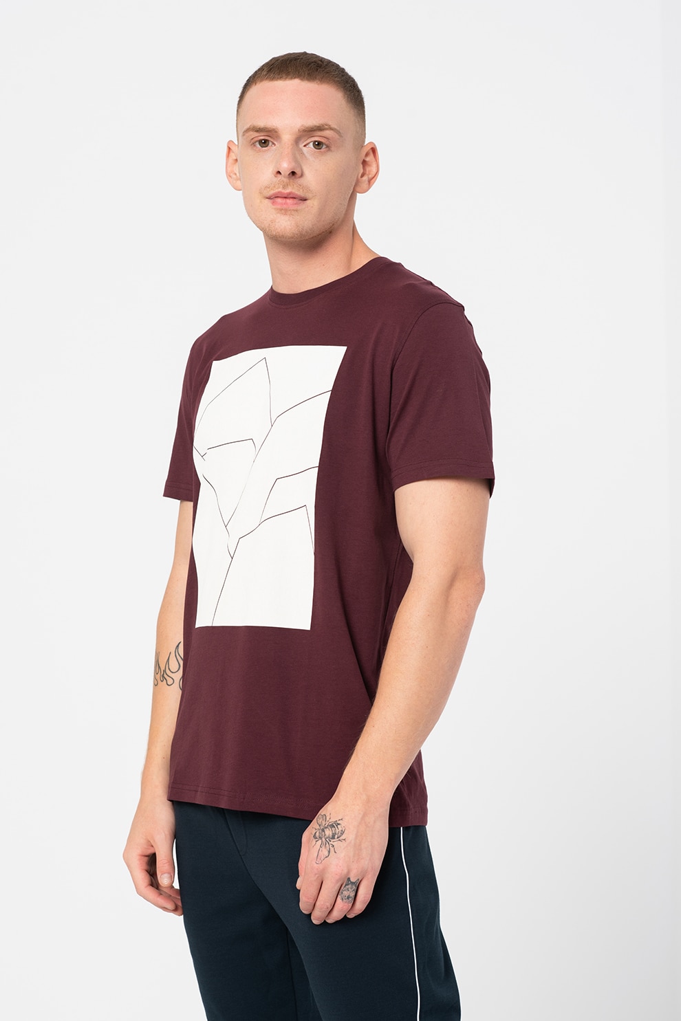 Selected Homme, Tricou cu imprimeu Marcus, Rosu Bordeaux/Alb