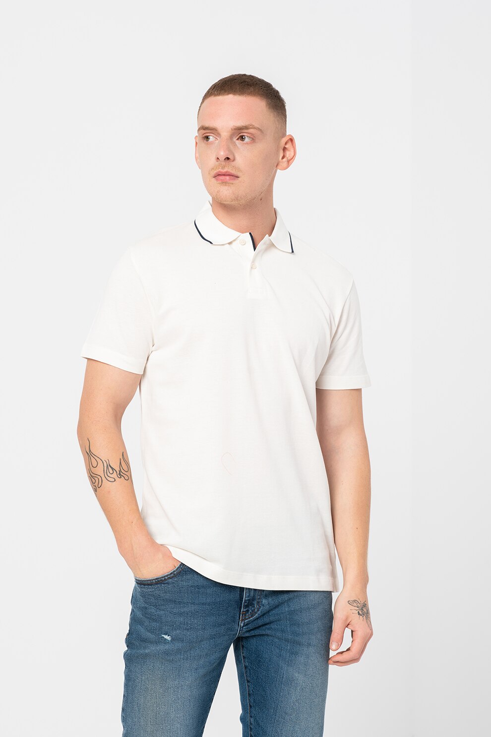 Selected Homme, Tricou polo de bumbac organic Miller, Alb