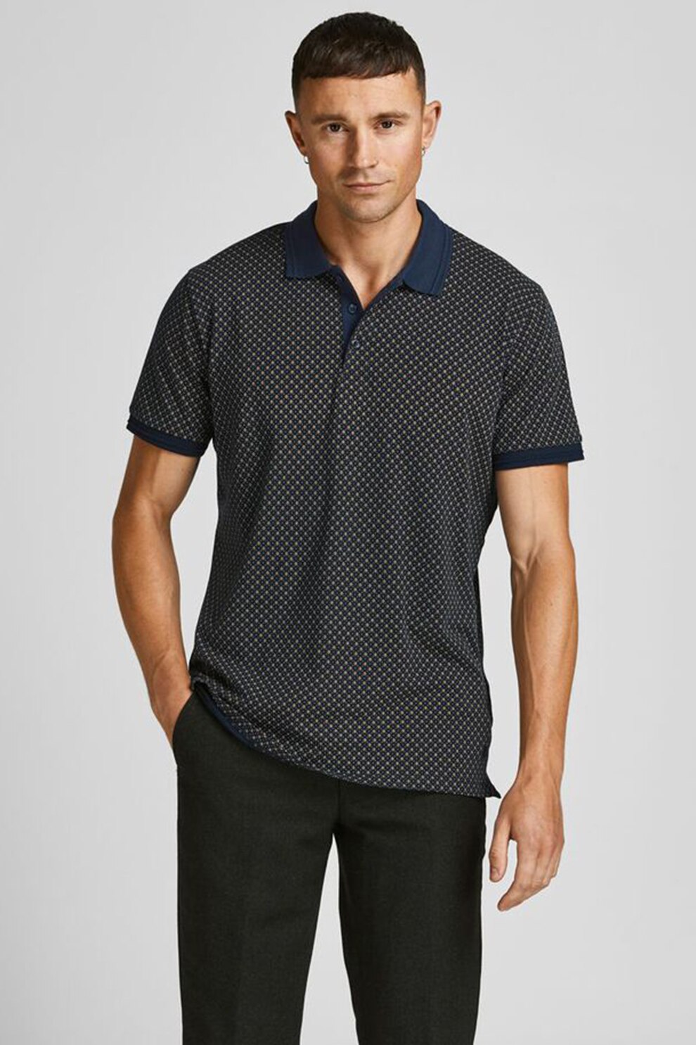Jack&Jones, Tricou polo elastic cu imprimeu, Bleumarin inchis
