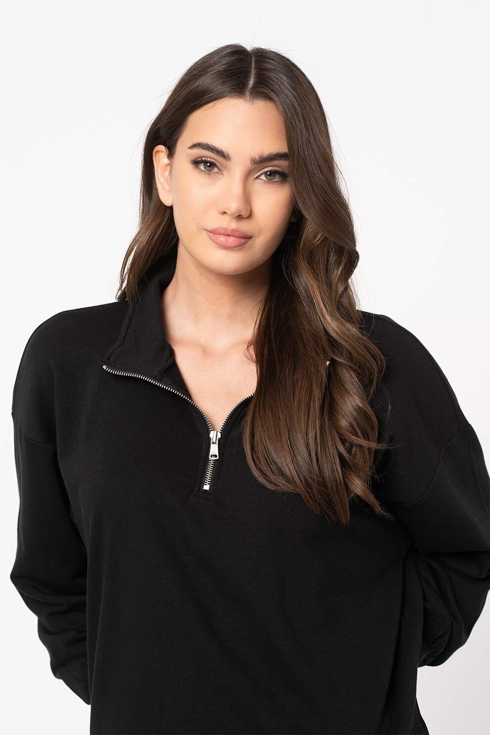 Only, Bluza sport din amestec de bumbac organic cu fermoar scurt Essa, Negru