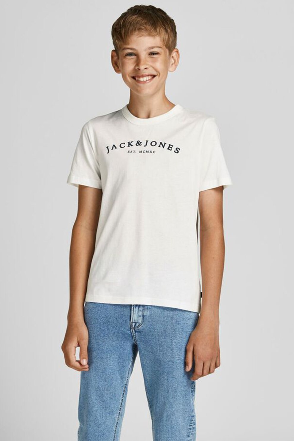 Jack&Jones, Tricou cu decolteu la baza gatului cu logo Cross, Alb/Gri inchis
