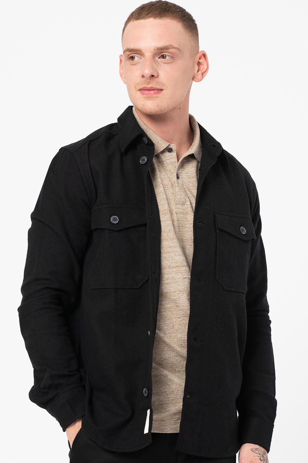 Only & Sons, Camasa de bumbac cu buzunare cu clapa, Negru