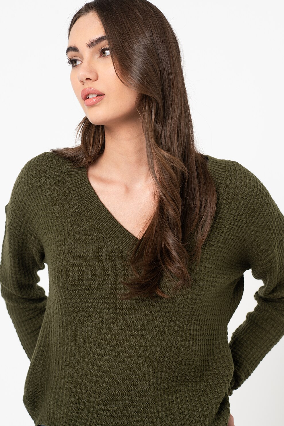 JdY, Pulover texturat cu decolteu in V Alice, Verde inchis