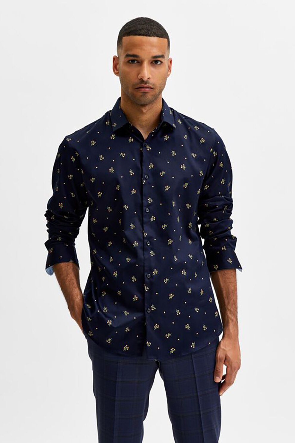 Selected Homme, Camasa cu maneci lungi si imprimeu floral, Bleumarin/Galben pal