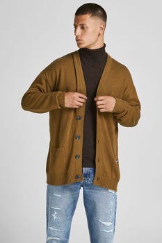 Jack&Jones, Cardigan cu buzunare aplicate si decolteu in V, Maro caramel, XL Jack&Jones, Cardigan cu buzunare aplicate si decolteu in V, Maro caramel, XL