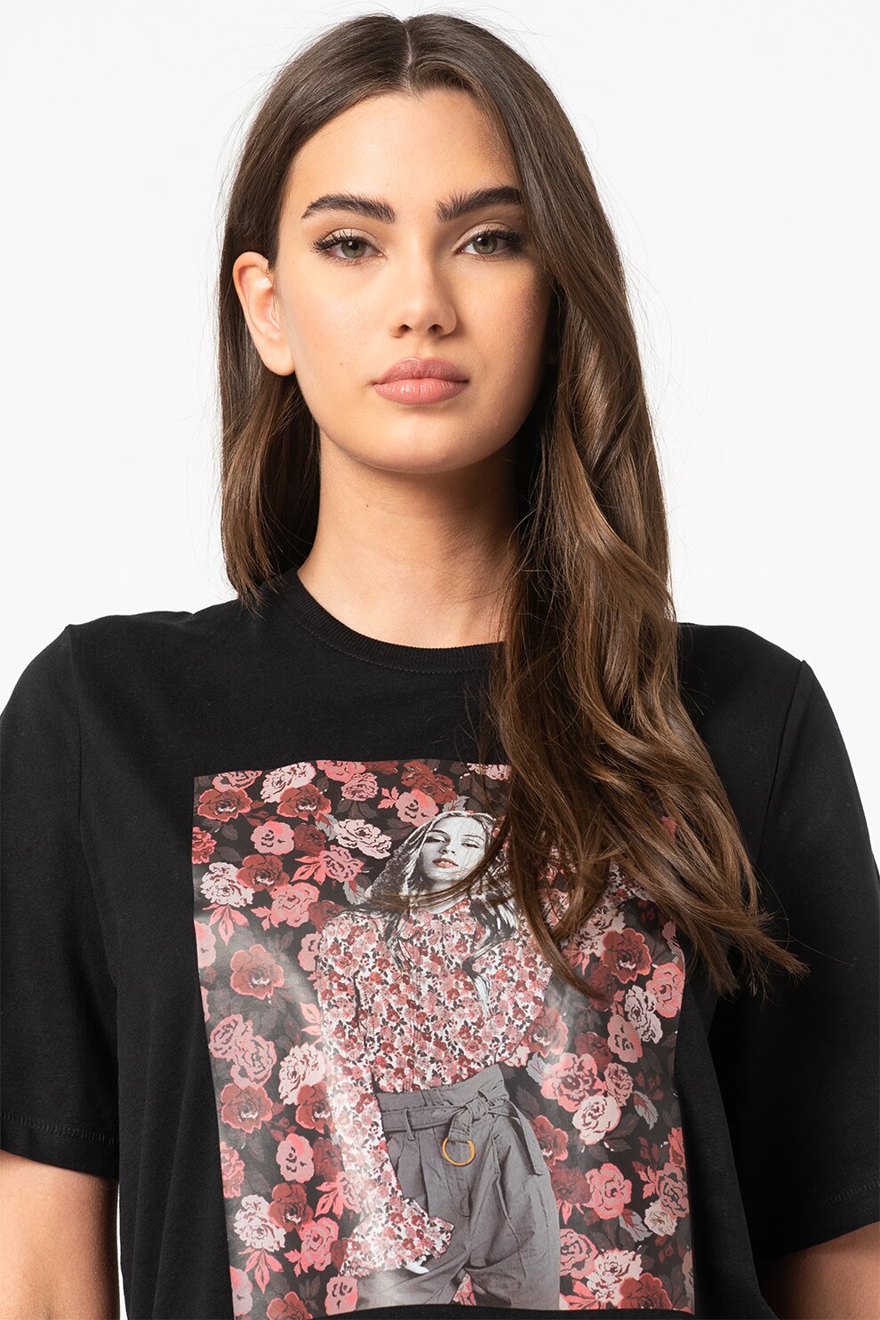 Only, Tricou cu imprimeu foto si maneci medii Dalia, Negru/Rosu