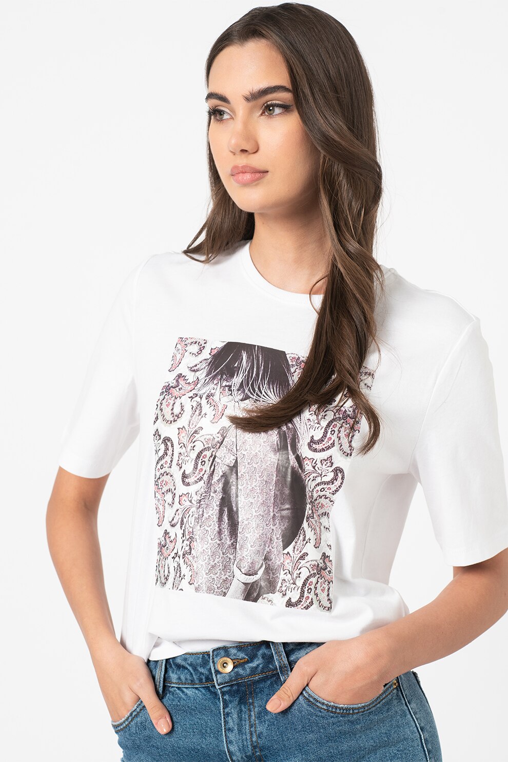 Only, Tricou cu imprimeu foto si maneci medii Dalia, Alb