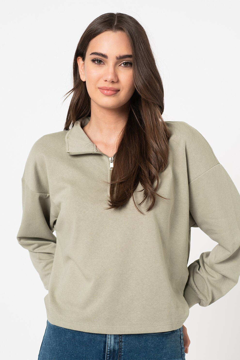 Only, Bluza sport din amestec de bumbac organic cu fermoar scurt Essa, Verde sparanghel