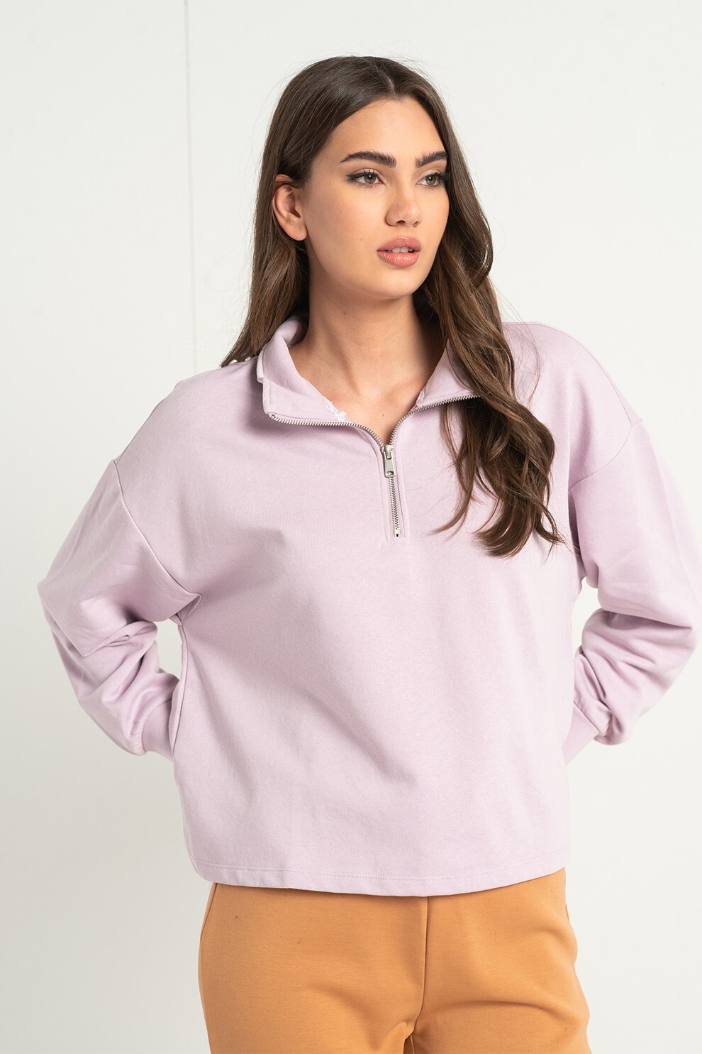 Only, Bluza sport din amestec de bumbac organic cu fermoar scurt Essa, Violet deschis