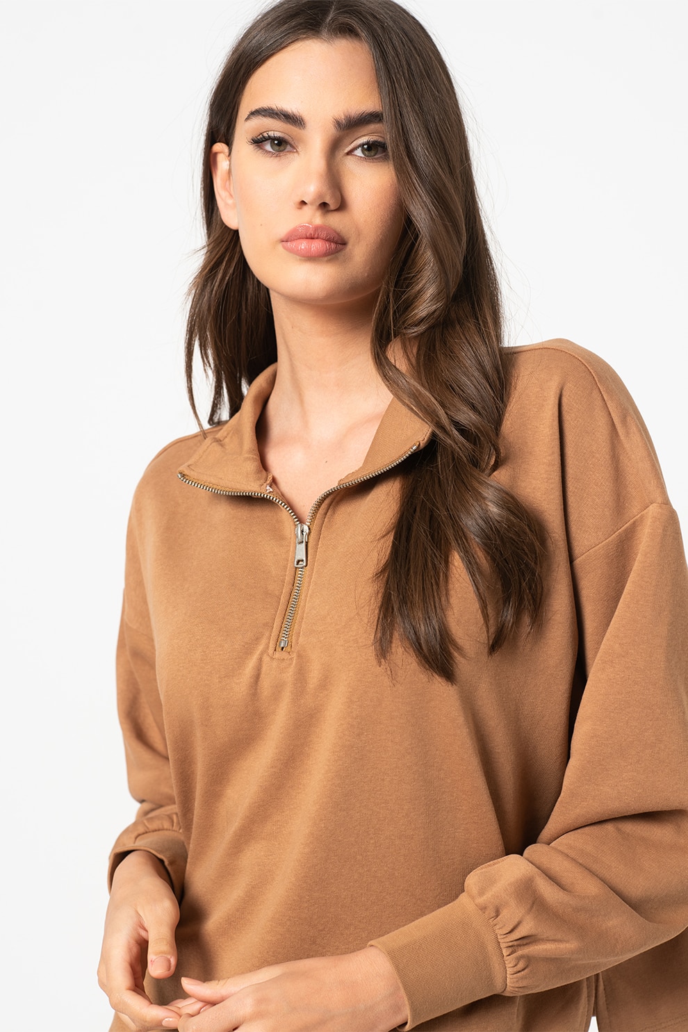 Only, Bluza sport din amestec de bumbac organic cu fermoar scurt Essa, Maro