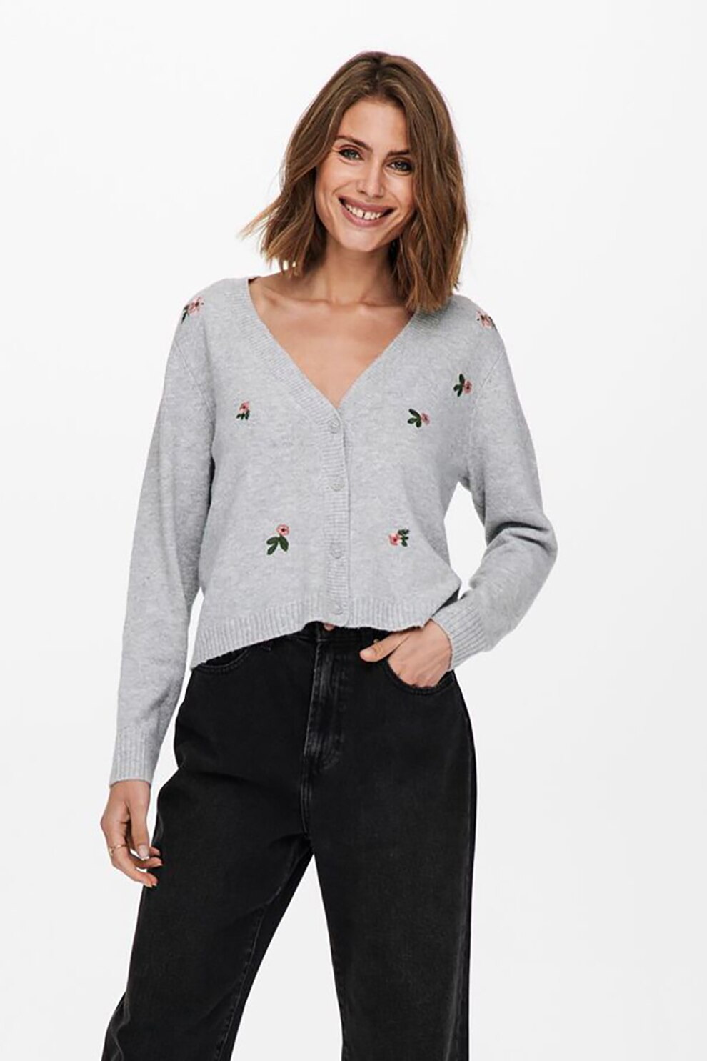 Only, Cardigan cu nasturi si flori brodate, Gri deschis melange/Verde