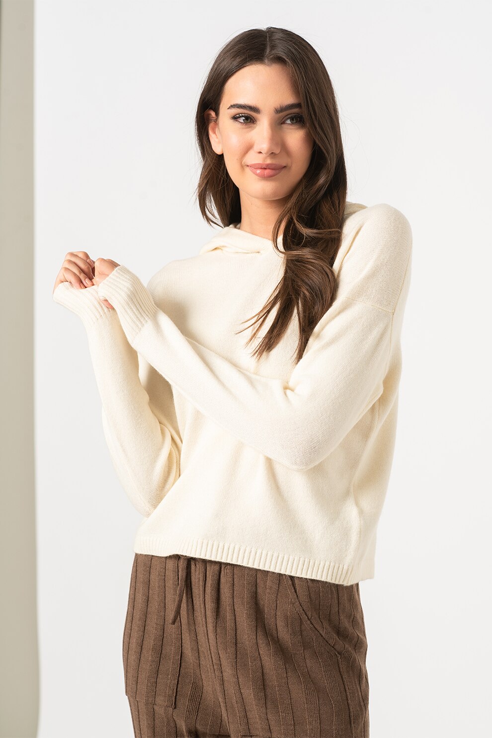 Only, Pulover tricotat fin cu gluga si maneci cazute Katia, Crem