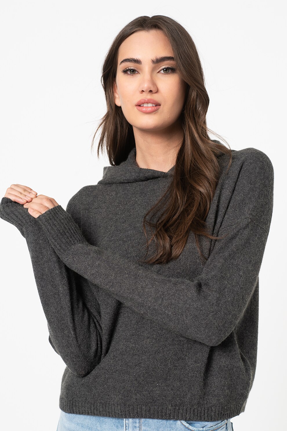 Only, Pulover tricotat fin cu gluga si maneci cazute Katia, Gri inchis