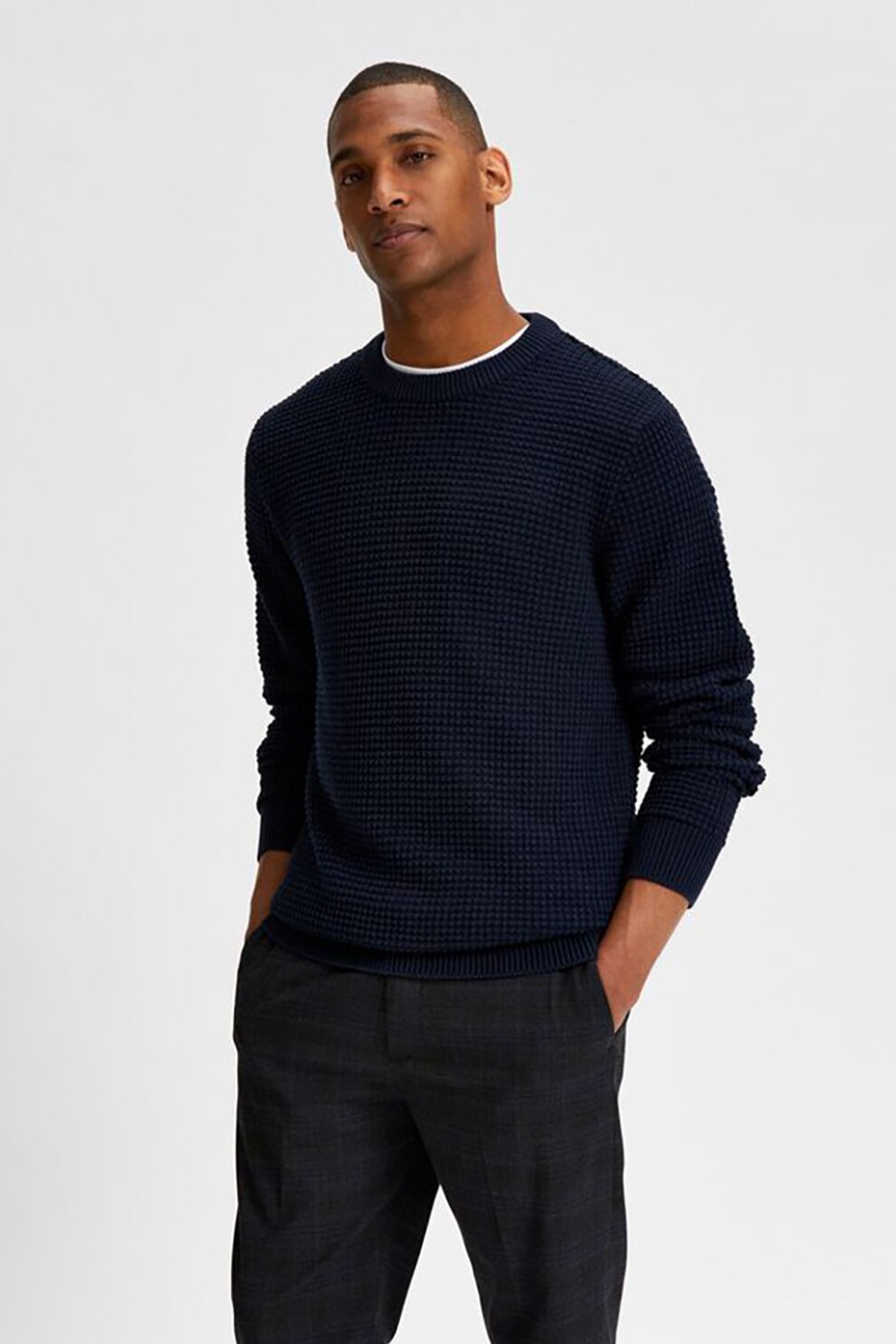 Selected Homme, Pulover din bumbac organic cu decolteu rotund, Bleumarin