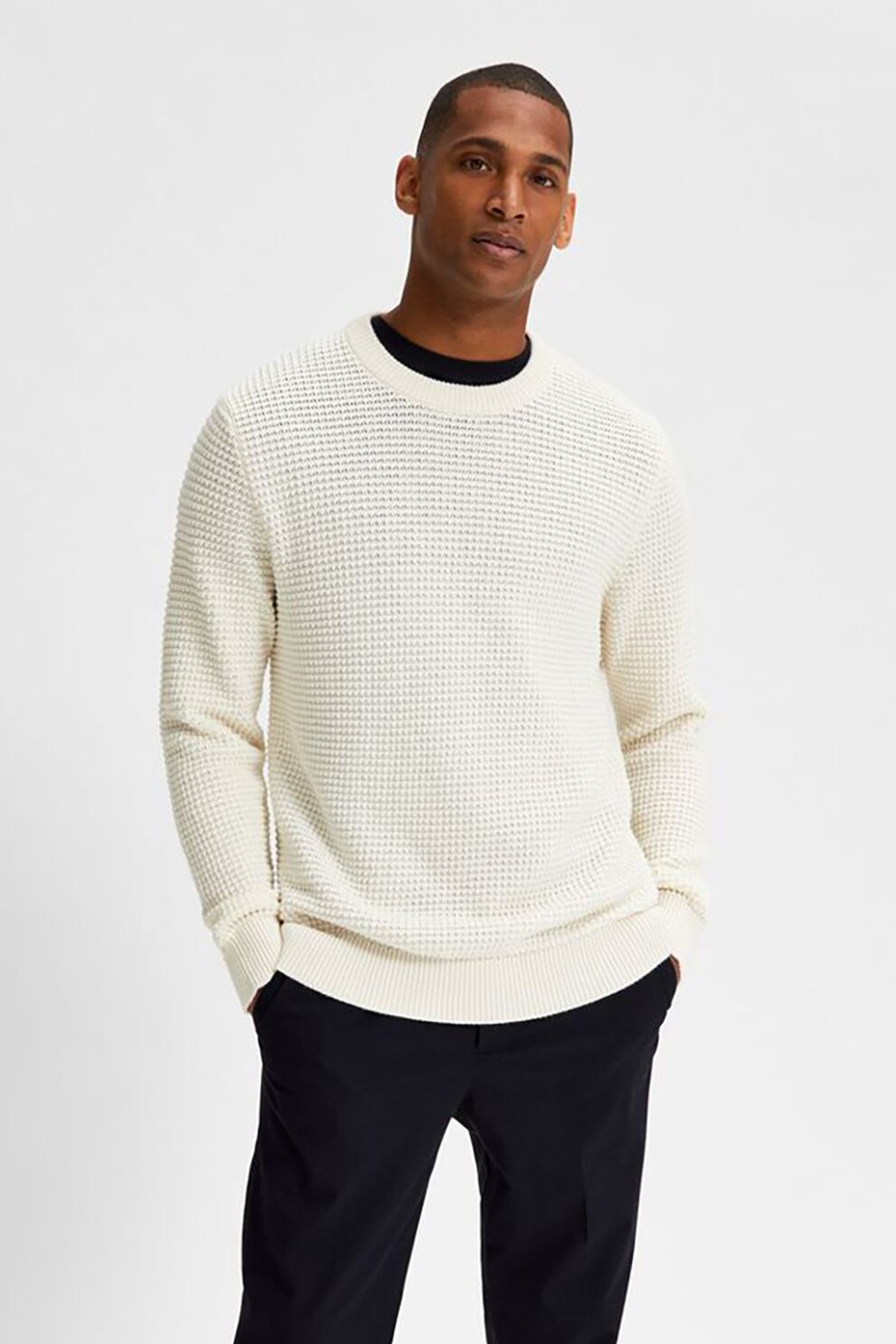 Selected Homme, Pulover din bumbac organic cu decolteu rotund, Alb prafuit