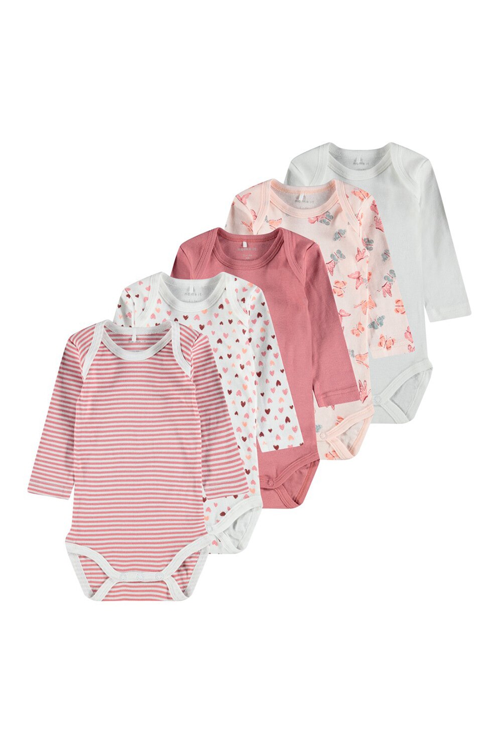 NAME IT, Set de body-uri din bumbac organic - 5 piese, Alb/Rosu stins/Roz