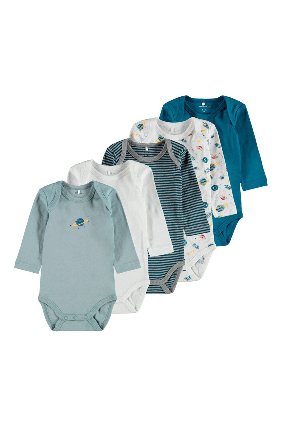 NAME IT, Set de body-uri din bumbac organic cu dungi si model grafic - 5 piese, Albastru petrol/Alb/Verde inchis