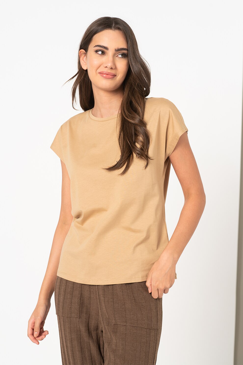 Vero Moda, Tricou din bumbac organic Edin, Maro camel/Negru