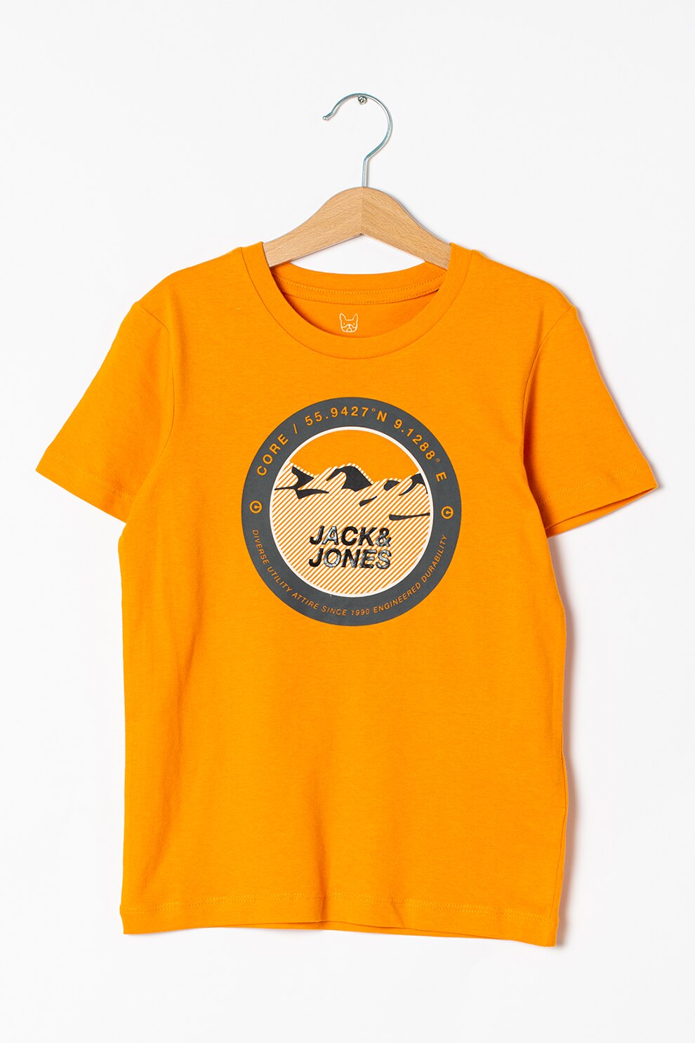 Jack&Jones, Tricou cu decolteu la baza gatului si imprimeu logo circular Bilo, Oranj/Gri inchis/Negru