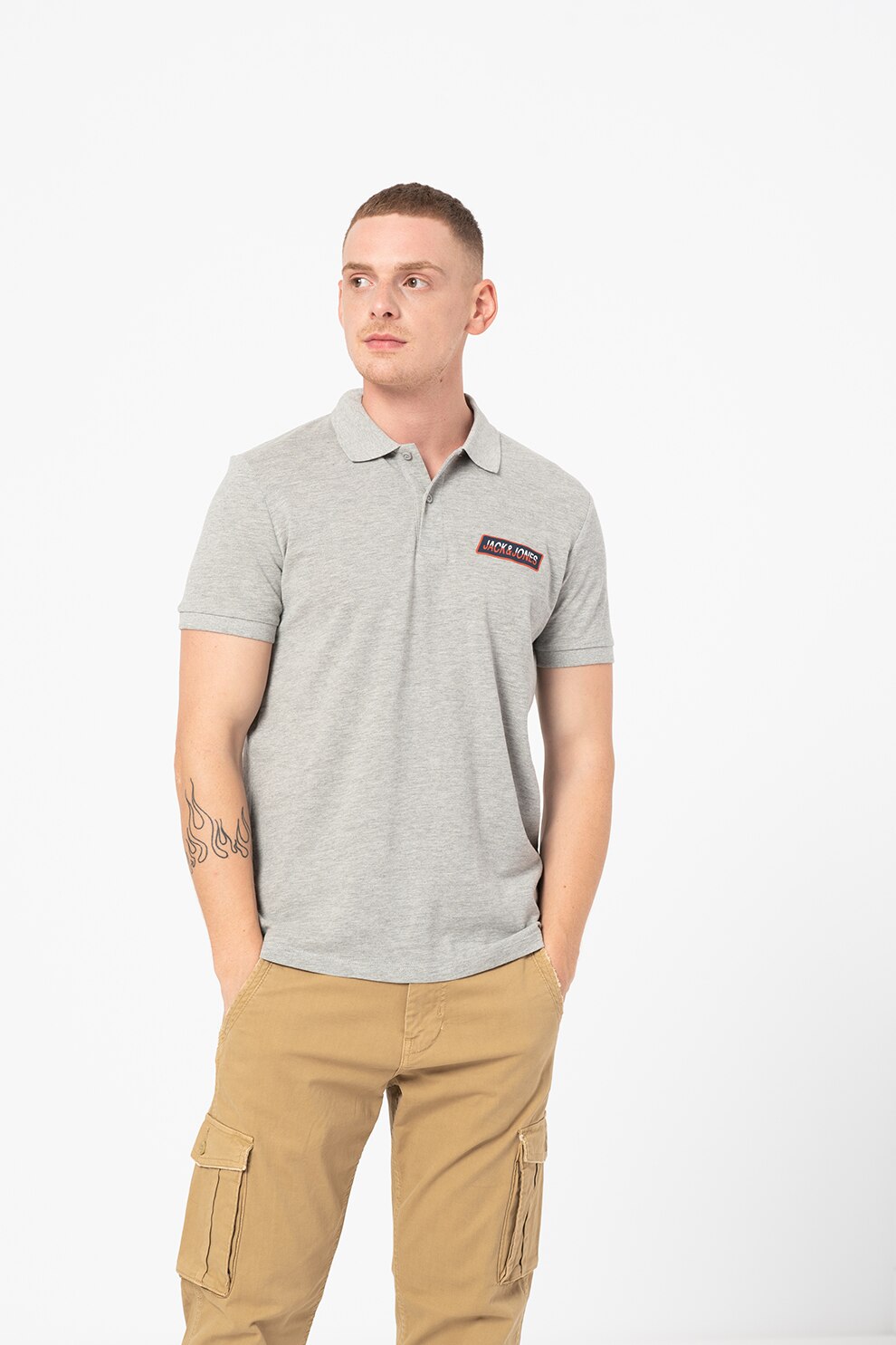Jack&Jones, Tricou polo cu imprimeu logo discret Swirle, Gri melange