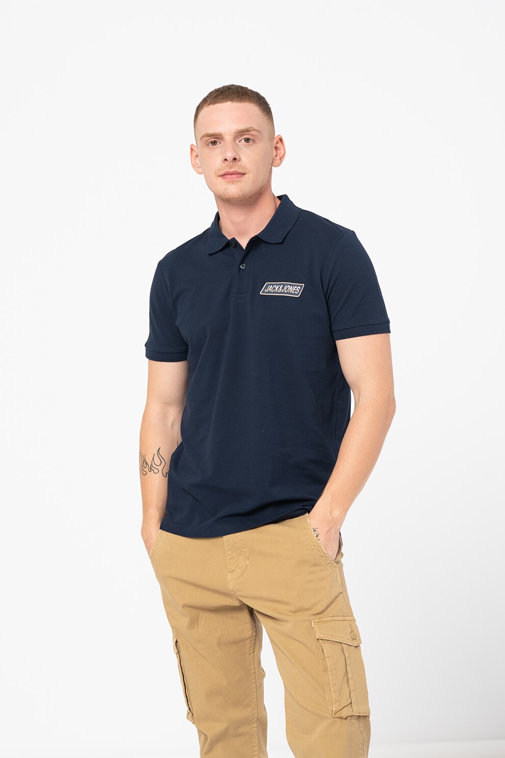 Jack&Jones, Tricou polo cu imprimeu logo discret Swirle, Bleumarin