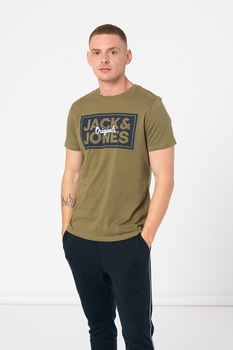 Jack&Jones, Tricou regular fit cu decolteu la baza gatului Tapes, Verde oliv