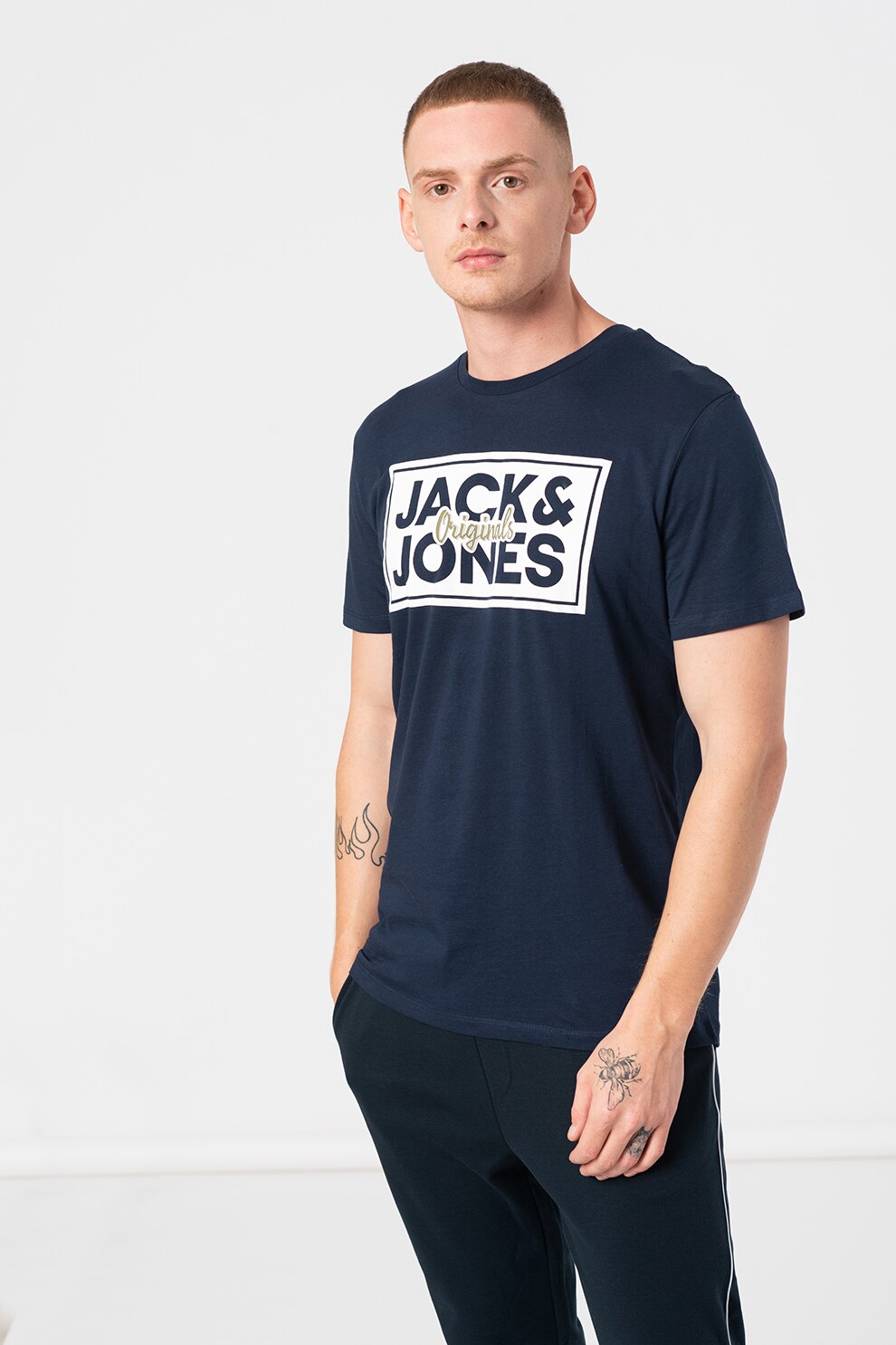 Jack&Jones, Tricou regular fit cu decolteu la baza gatului Tapes, Bleumarin