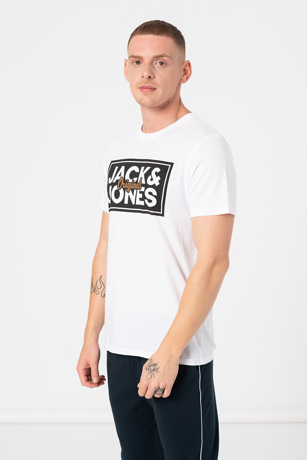 Jack&Jones, Tricou regular fit cu decolteu la baza gatului Tapes, Alb/Negru