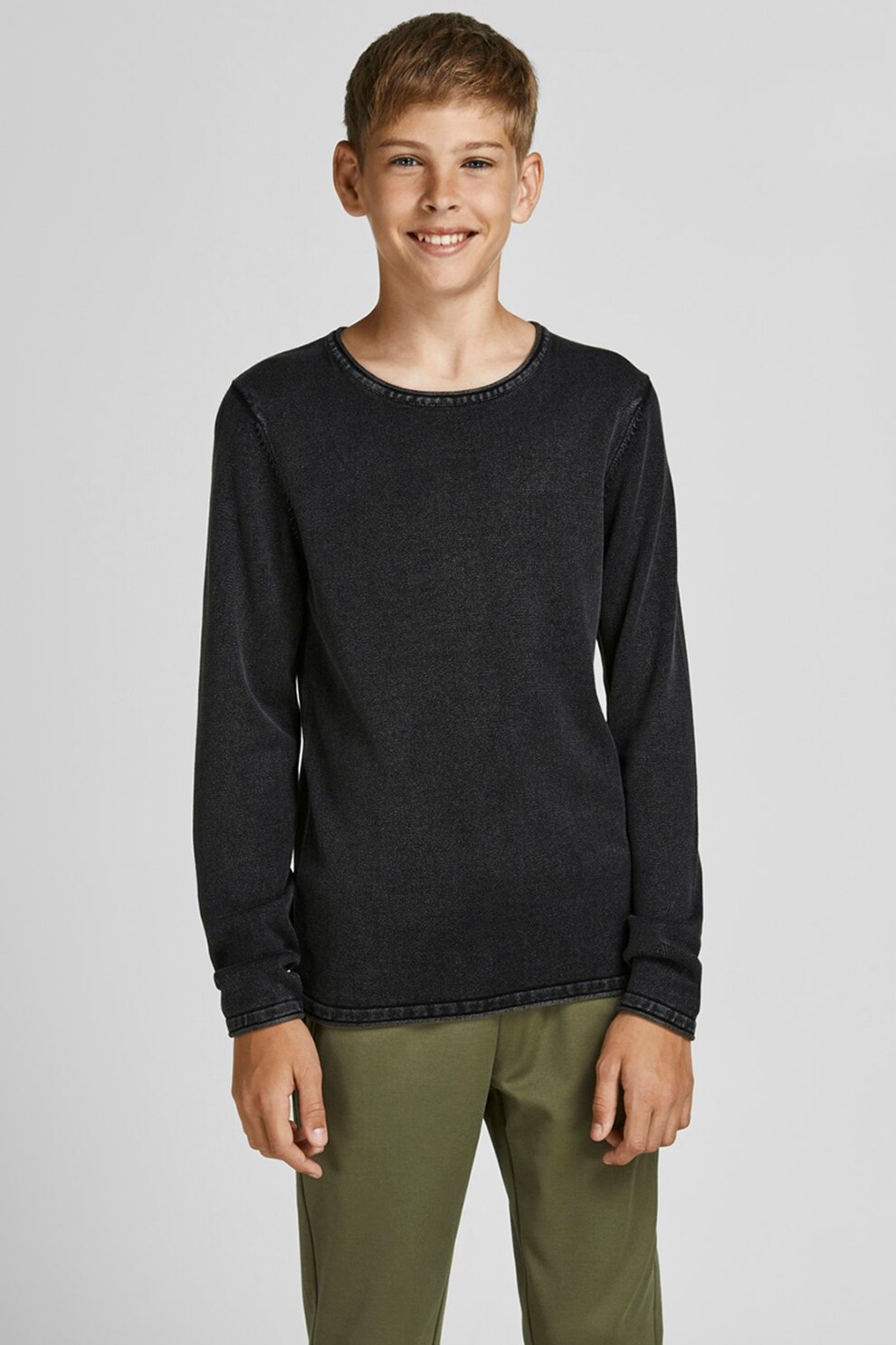Jack&Jones, Bluza de bumbac cu decolteu rotund, Negru stins