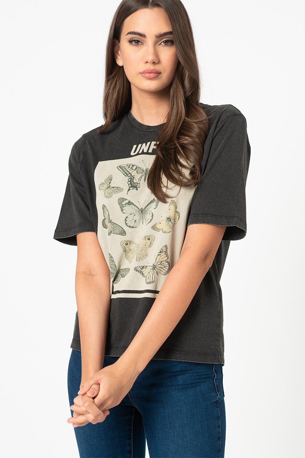 Only, Tricou din bumbac cu decolteu la baza gatului si imprimeu foto, Gri antracit