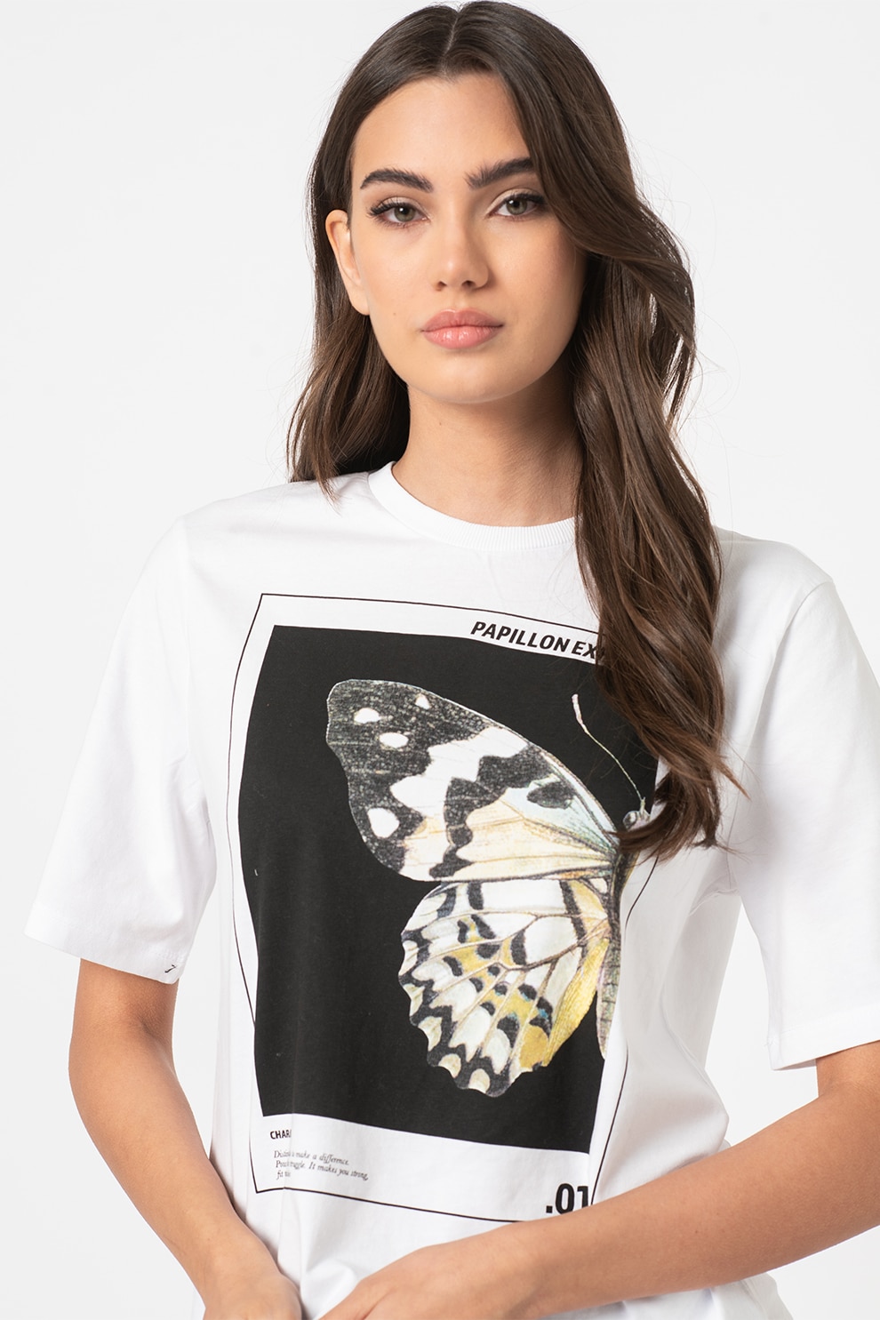 Only, Tricou din bumbac cu decolteu la baza gatului si imprimeu foto, Alb/Negru