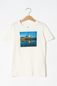 Jack&Jones, Tricou cu decolteu la baza gatului cu imprimeu Bents, alb, albastru, maro ocru Jack&Jones, Tricou cu decolteu la baza gatului cu imprimeu Bents, alb, albastru, maro ocru