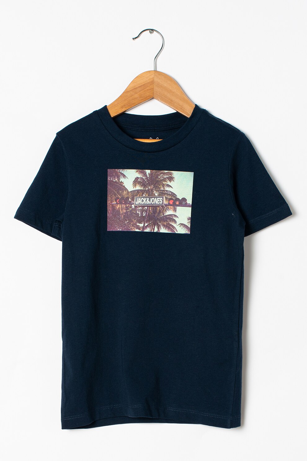 Jack&Jones, Tricou cu decolteu la baza gatului cu imprimeu Bents, Bleumarin inchis/Maro/Verde pal