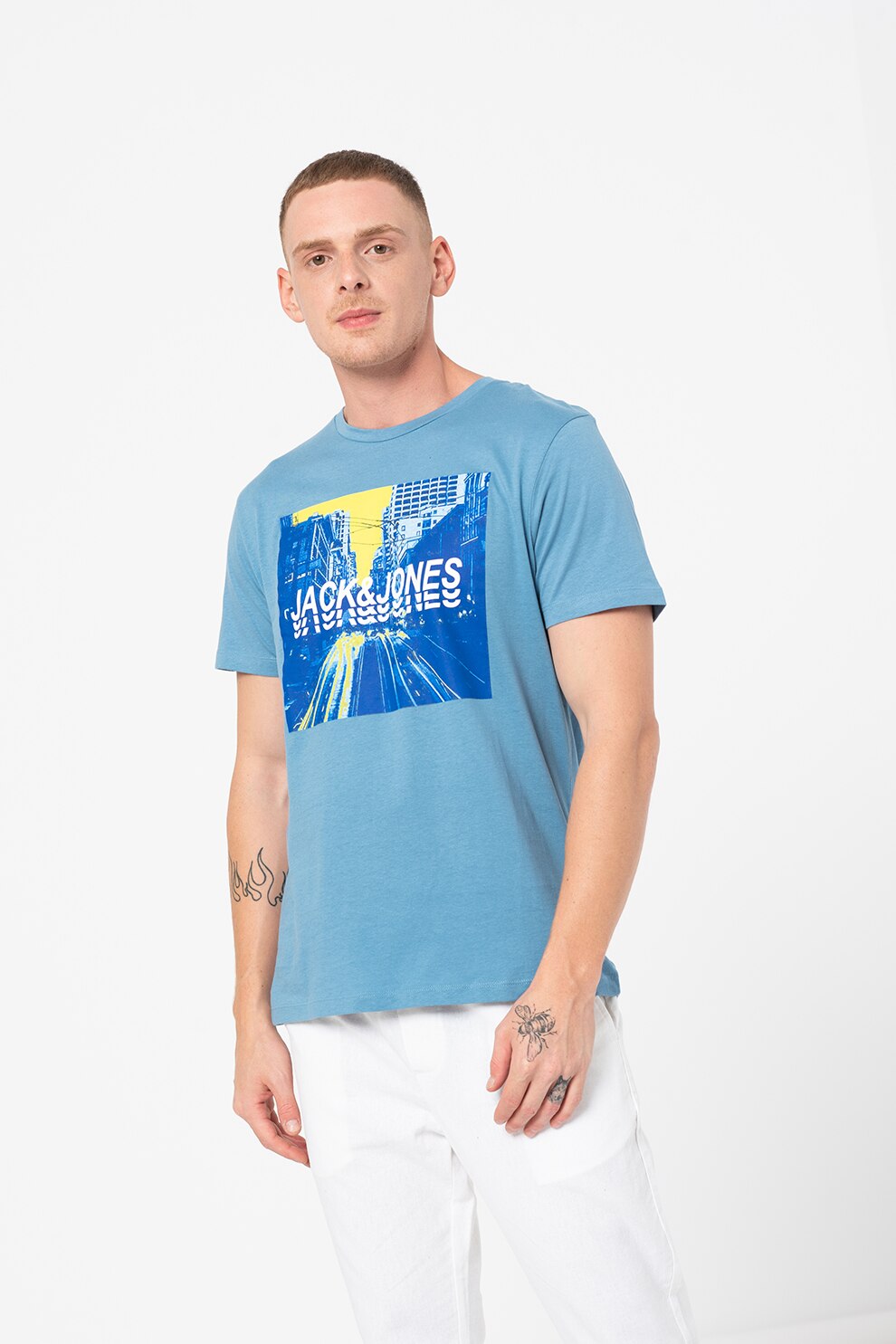 Jack&Jones, Tricou regular fit cu imprimeu Jackson, Albastru prafuit