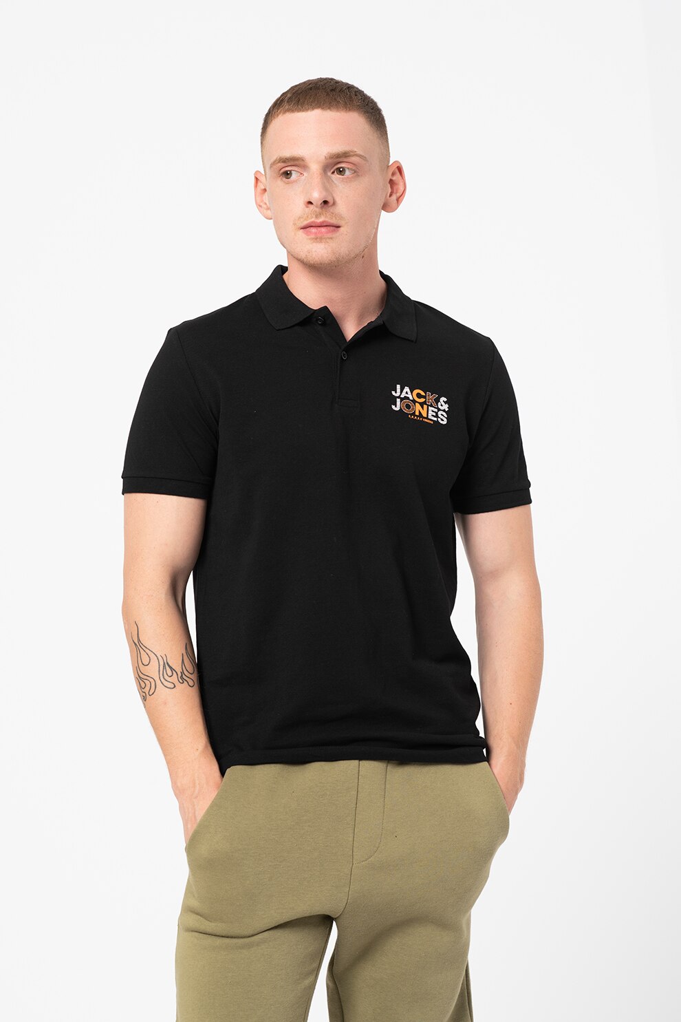 Jack&Jones, Tricou polo regular fit cu logo pe piept Steve, Negru