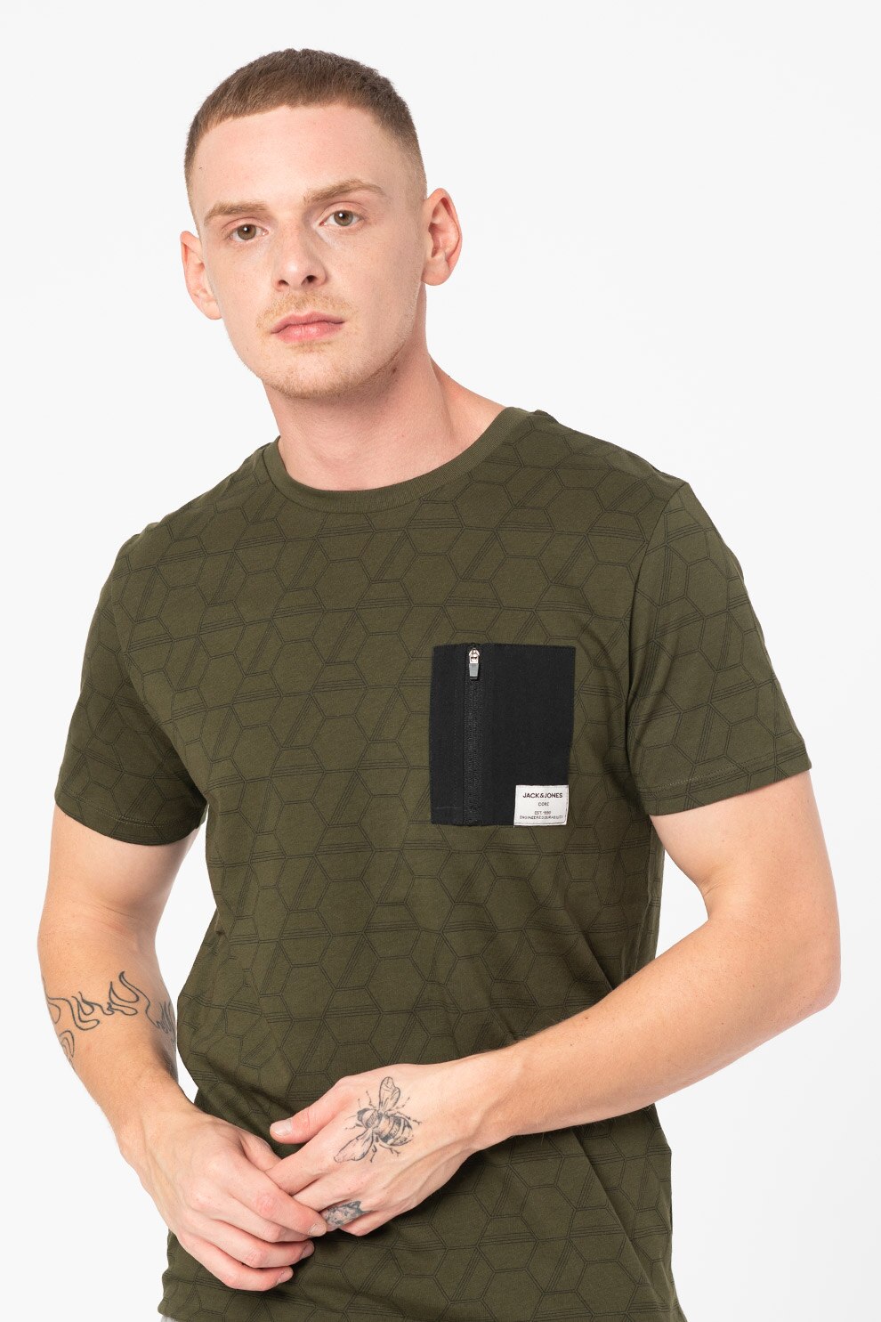 Jack&Jones, Tricou cu imprimeu si buzunar cu fermoar pe piept Raider, Verde forest, S