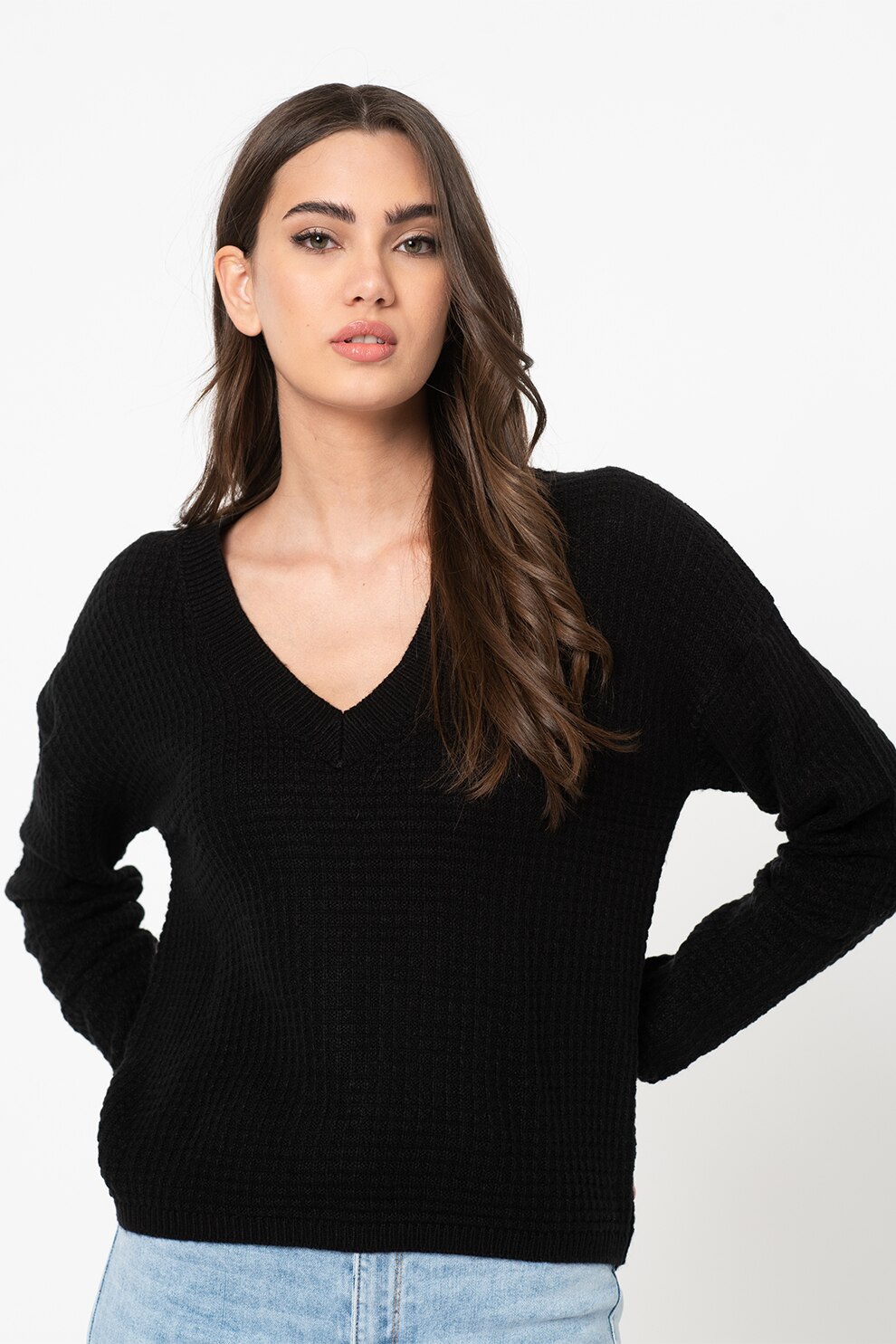 JdY, Pulover texturat cu decolteu in V Alice, Negru