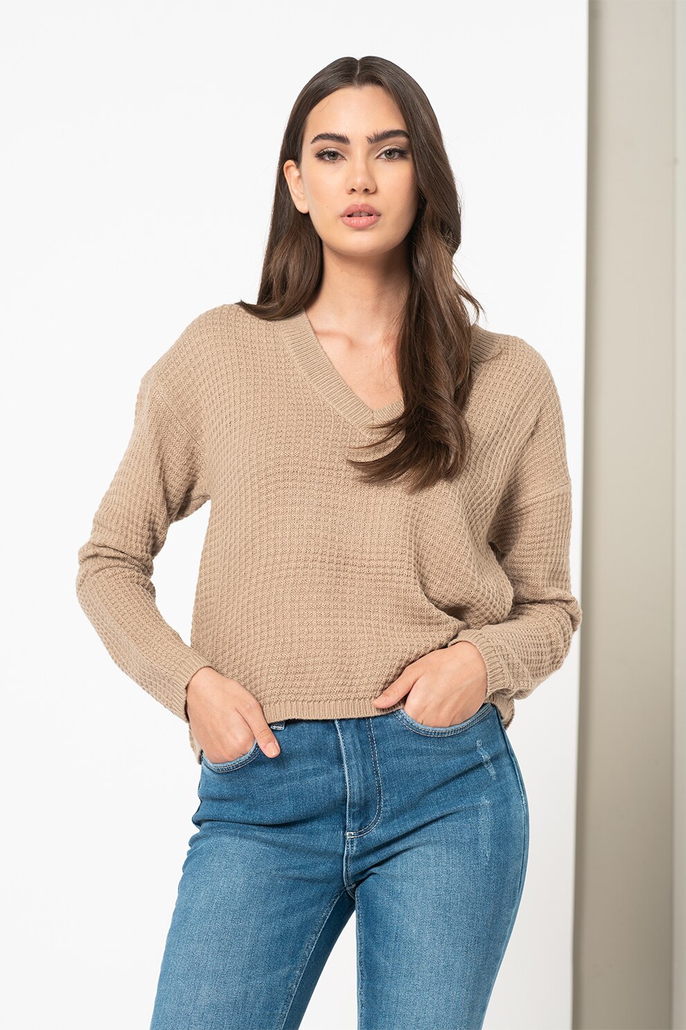 JdY, Pulover texturat cu decolteu in V Alice, Cafeniu