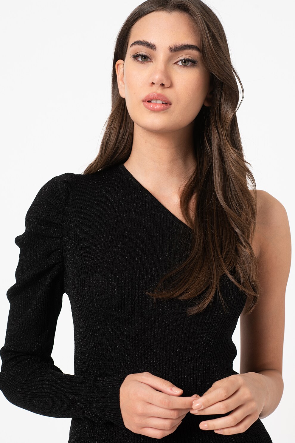 JdY, Pulover cu decolteu pe un umar si aspect stralucitor Bodilla, Negru, L