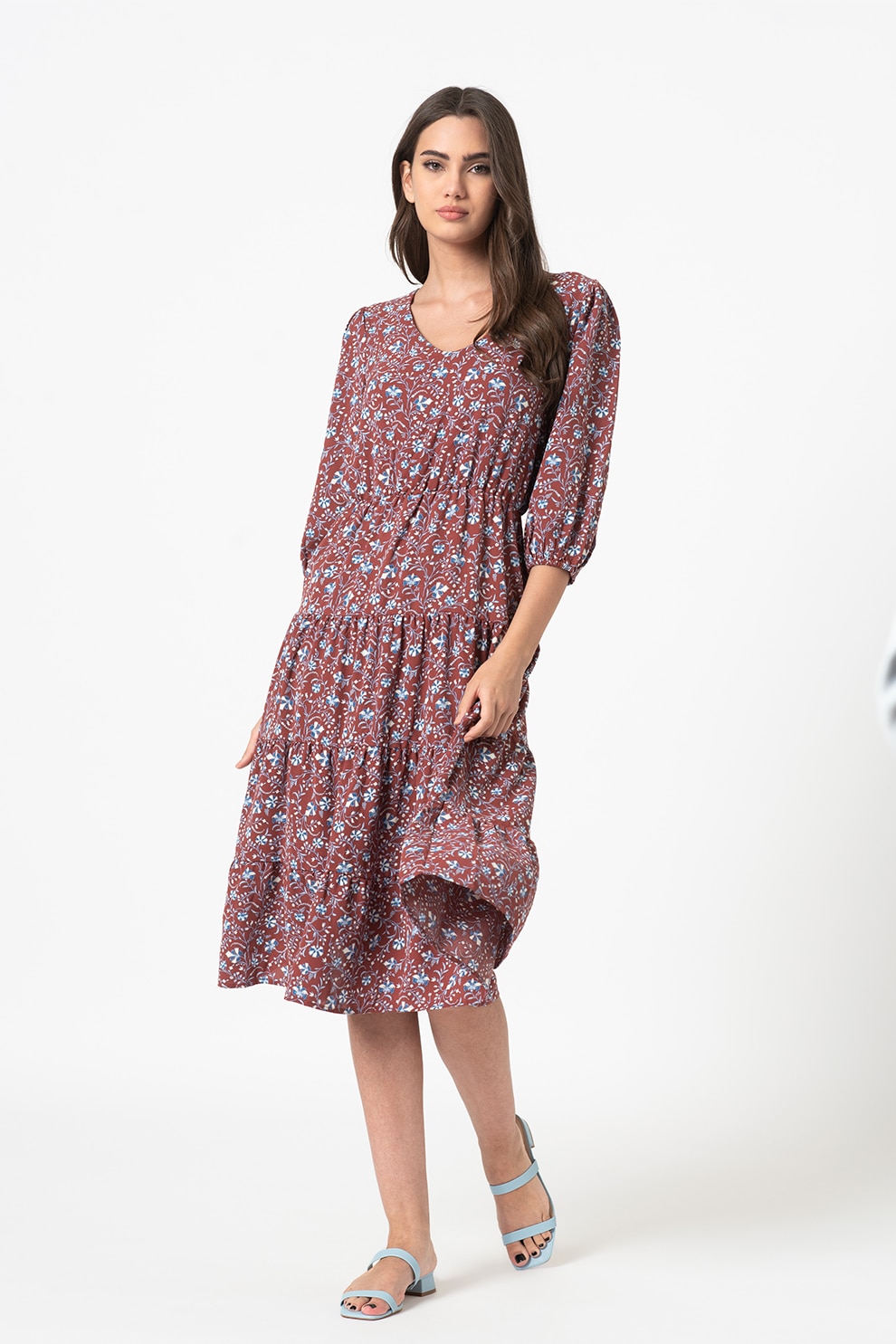 JdY, Rochie midi cu imprimeu floral Vicky, Rosu fad/Albastru