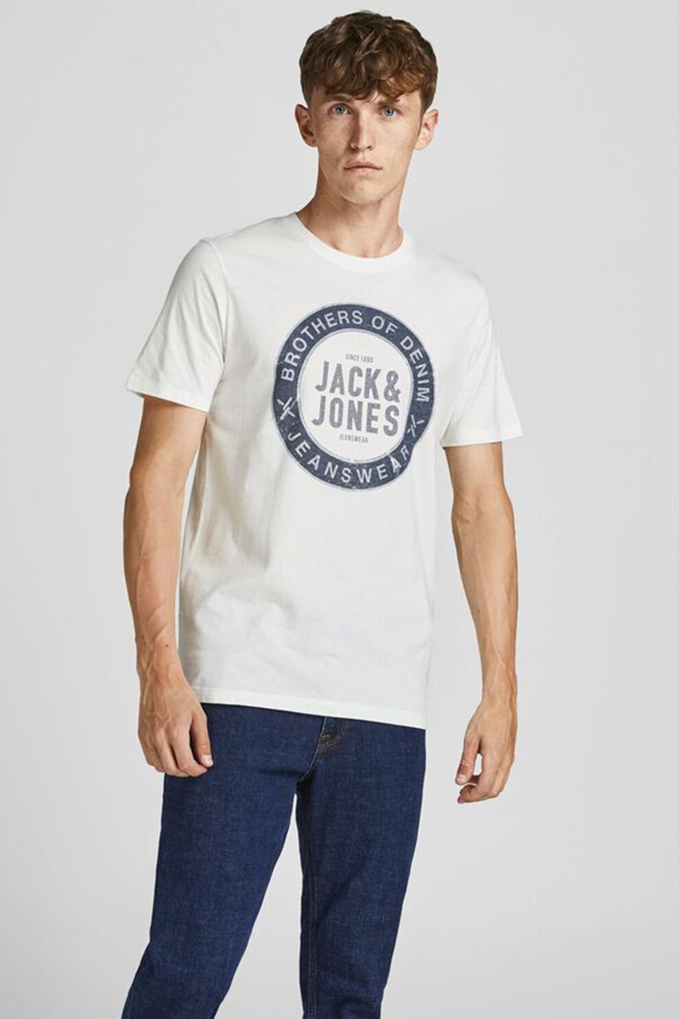Jack&Jones, Set de tricouri cu imprimeu logo - 3 piese, Alb prafuit/Gri inchis/Negru