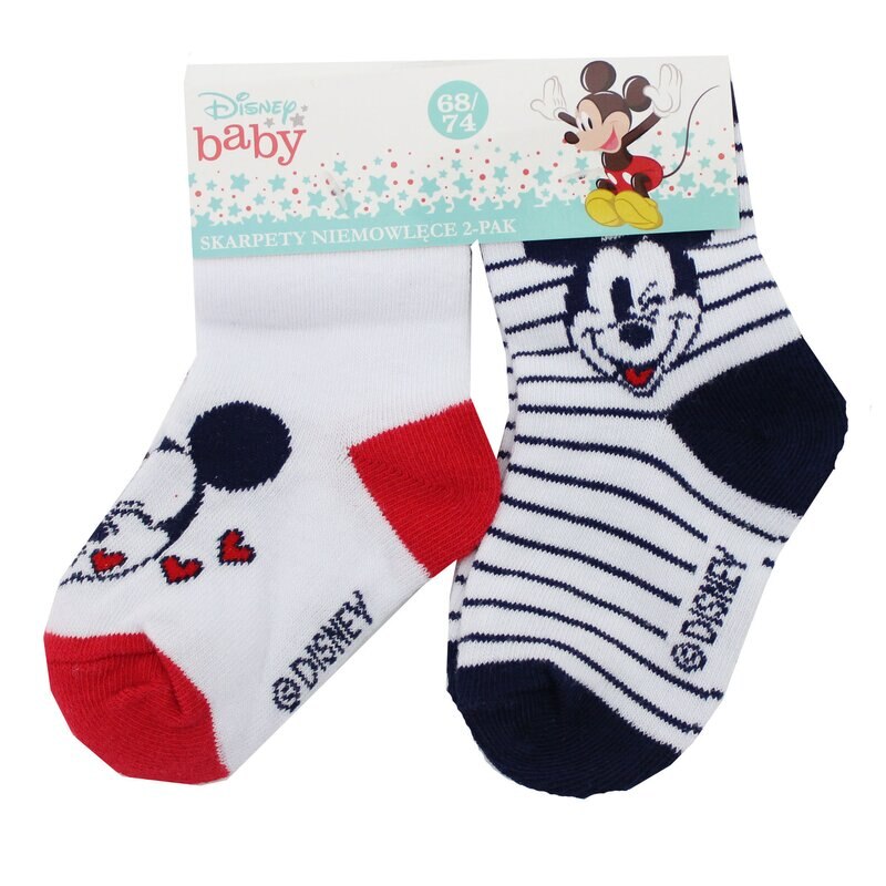 Set 2 sosete, albe cu dungi bluemarin si rosu, Mickey 20-21