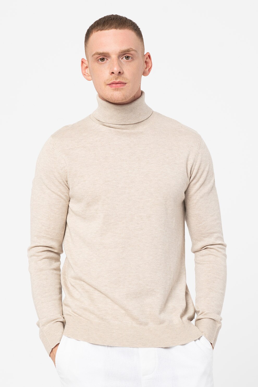 Jack&Jones, Set de pulovere tricotate fin cu guler inalt Emil - 2 piese, Negru/Crem